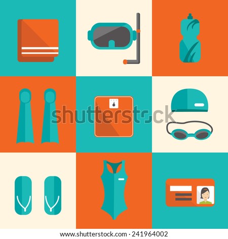 Vector flat icon of swimming pool. Fitness elements. Vector fitness set. Fitness woman set. Vector flat design of fitness. Fitness details. Fitness woman. Fitness equipments. Fitness graphic.