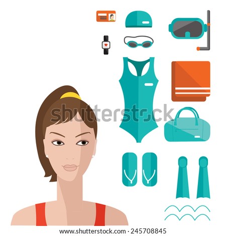Flat elements of fitness and woman face. Vector flat icon of swimming pool. Fitness elements. Vector fitness set. Fitness woman set. Vector flat design of fitness. Fitness details.