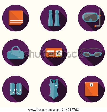 Vector set of swimming pool icon. Flat icon of swimming pool. Vector flat icon of fitness. Fitness elements. Vector flat design of fitness. Fitness details. Fitness woman. Fitness equipments.