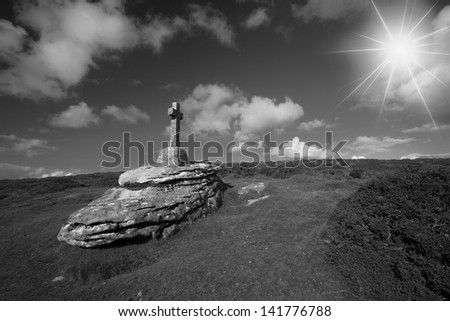 Dartmoor cross in black and white, Dartmoor national park Devon Uk
