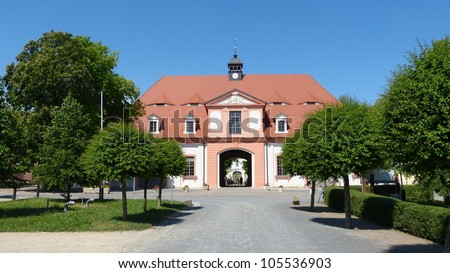 Castle with archway,\
Stud in Graditz, horse breeding, whole blood and half-breed.