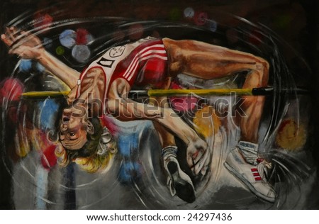 Painting of a Lady High Jumper Going Over the Bar
