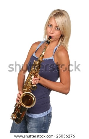 Pretty blonde saxophone player on white background