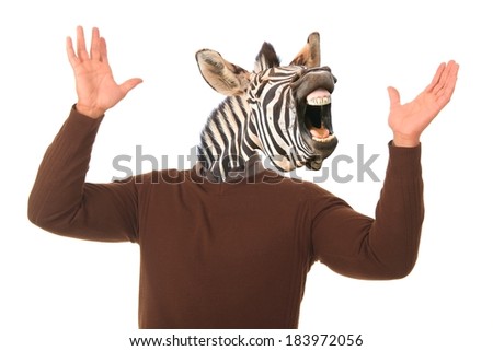 Laughing zebra face on a man\'s body with hands outstretched