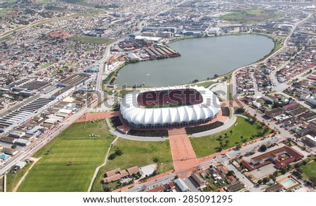 Aerial view of the soccer stadium and lake in Port Elizabeth, South Africa