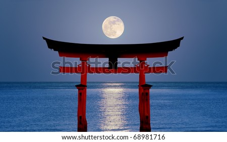 Starting from my own snapshots an illustration of zen quietness through famous Miyajima shrine tori in Japan at dusk under rising moon.