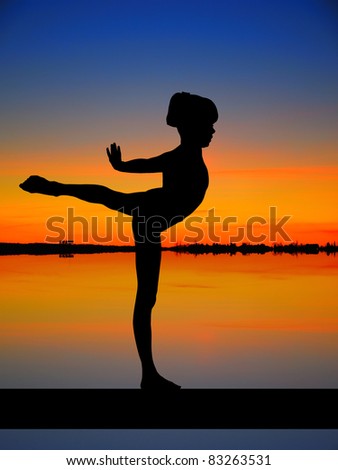 Silhouette of a gymnast girl in balance on a beam at sunset.