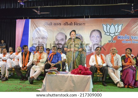AHMEDABAD, GUJARAT/INDIA - 10 SEPTEMBER 2014 : CM Anandi Patel appealed the people to come out and vote in record numbers, during an election rally in Maninagar,Ahmedabad, India.
