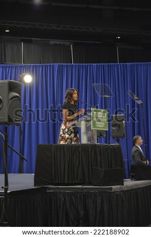 CHICAGO, ILLINOIS/ USA - 7th TUESDAY SEPTEMBER OCTOBER 2014 : First lady Michelle Obama delivers a speech at the UIC Pavilion, Chicago, USA