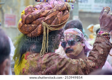 Mathura,Uttar Pradesh/India 26th Tuesday March 2013 - People of mathura enjoying holi with colors in mathura, India.
