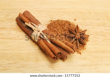 Cinnamon,star anise and Chinese five spice on wooden board