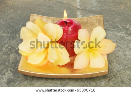 Candle with begonia flowers in a gold dish on a background of slate