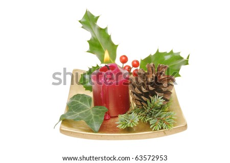 Christmas Table Decoration Of Holly, Ivy, Pine Needles And A Pine Cone ...