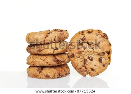 Stack of chocolate chip cookies with soft shadows and reflections