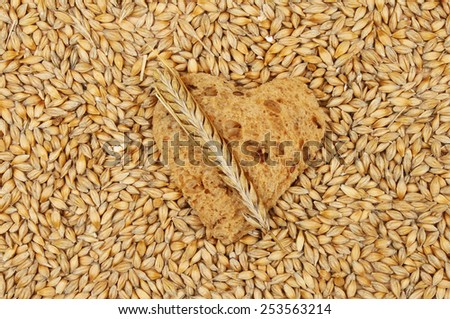 Wholemeal bread in the shape of a heart surrounded by barley grains with a barley ear