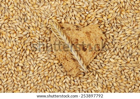 Wholemeal bread in the shape of a heart surrounded by grains of barley with a Barley ear laid on top