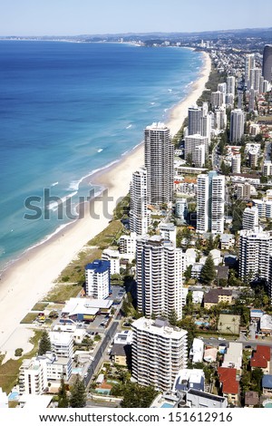 Gold Coast, Australia - AUG 23: Aerial view of the famed Gold Coast in Queensland Australia looking from Surfers Paradise down to Coolangatta. August 23, 2013 Gold Coast, Australia