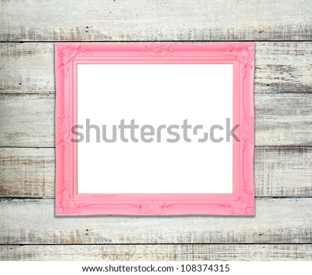 Pink Vintage picture frame, wood plated, blue wood background, clipping path included