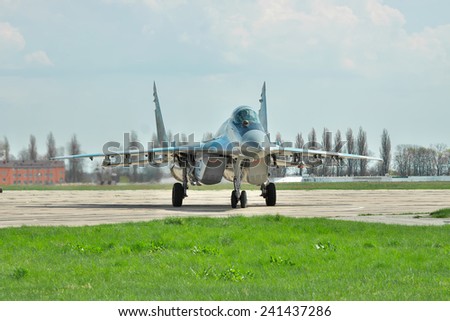 Vasilkov, Ukraine - April 24, 2012: Ukrainian Air Forces MiG-29 fighters during the training flights