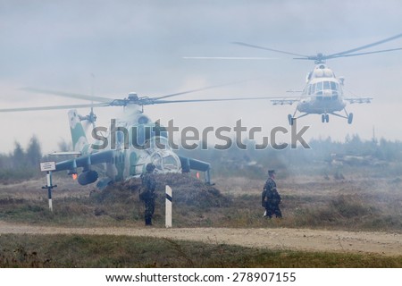 Zhitomir, Ukraine - September 29, 2010: Ukrainian Army Mi-24\'s Attack Helicopters during military training