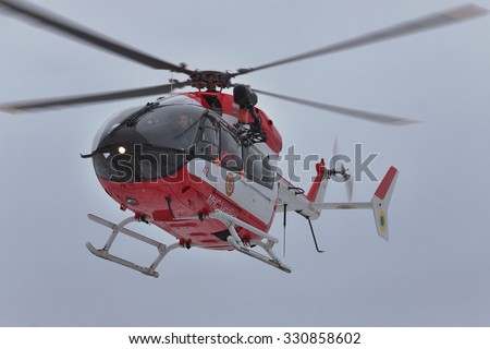 Nezhin, Ukraine - January 14, 2011: Ukrainian Ministry of Emergency Situations Eurocopter EC145 (BK-117) rescue helicopter in flight