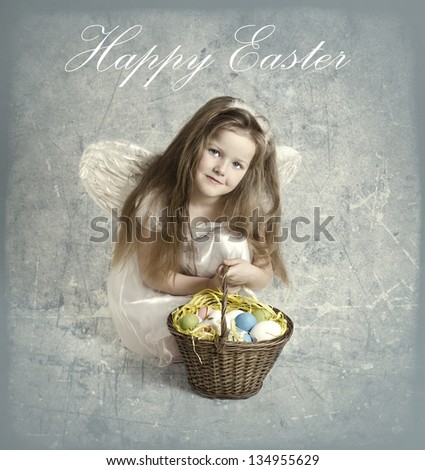 Easter cards with little angel girl and eggs in the basket