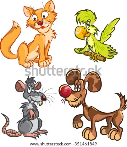 set of domestic animals - cat, dog, rat, parrot