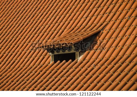 Red tile roof with a skylight