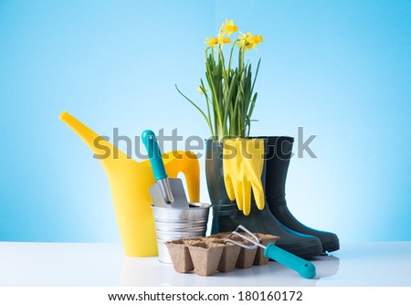 Garden equipment (boots, shovel, rake, gloves, pot) over blue background