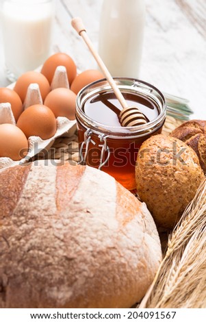 Variety of bread, Breakfast products photographed,