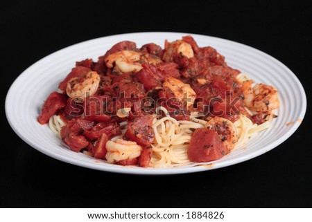 Angel hair pasta with red sauce and shrimp