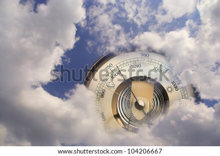 Good time is coming  A barometer is visible between clouds, on the sky. The pointer of it moves from the bad part of the barometer face to the good weather part.