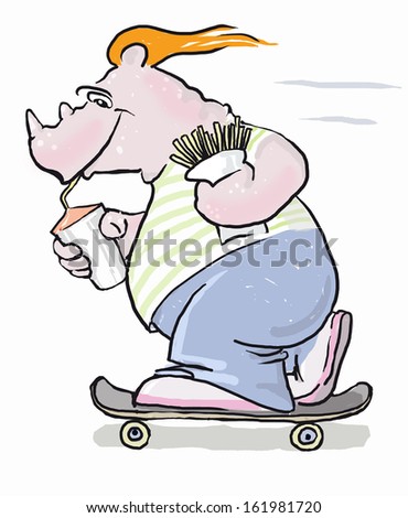 Like a rhino. Image shows a fat rhino riding a skate board with a pack of chips and cola in his hands