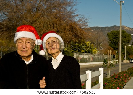 Grandma and Grandpa smiling as they wear santa clause hats.