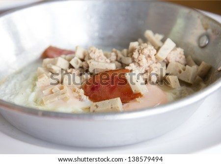 Omelet ground pork with chinese sausage closeup