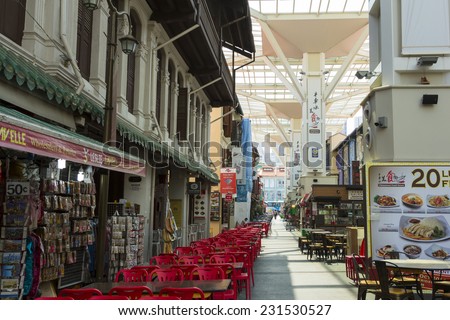 Food and restaurant Singapore\'s Chinatown Chinatown, Singapore  - October 24, 2014: Singapore\'s Chinatown, an ethnic neighborhood featuring Chinese cultural elements and a historically concentrated.