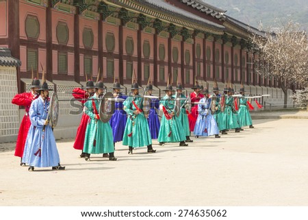 Korean soldier costume practice around Gyeongbokgung palace Seoul, South Korea - April 11, 2015: Koreans in Traditional Costumes Performing practice of the Royal Guard Ceremony at Gyeongbokgung Palace