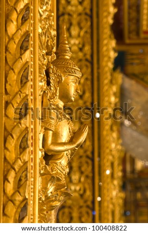 Thai art style on wall, take photo from temple in Thailand