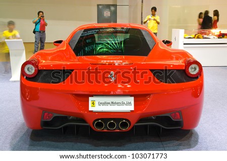 BANGKOK - MAY 20: Ferrari 458 sports car on display at the Super Car   Import Car Show at Impact Muang Thong Thani on May 20, 2012 in Bangkok, Thailand