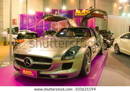 BANGKOK - MAY 20: Mercedes Benz SLS AMG sports car on display at the Super Car   Import Car Show at Impact Muang Thong Thani on May 20, 2012 in Bangkok, Thailand
