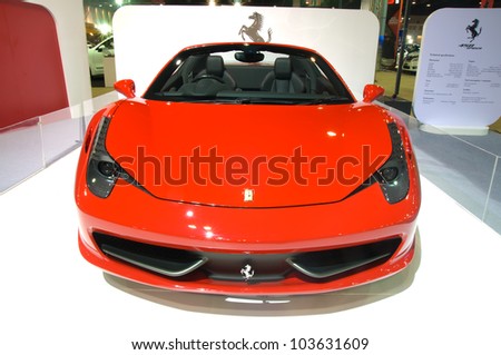 BANGKOK - MAY 20: Ferrari 458 sports car on display at the Super Car   Import Car Show at Impact Muang Thong Thani on May 20, 2012 in Bangkok, Thailand
