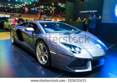 BANGKOK - MAY 20: Lamborghini Aventador sports car on display at the Super Car   Import Car Show at Impact Muang Thong Thani on May 20, 2012 in Bangkok, Thailand