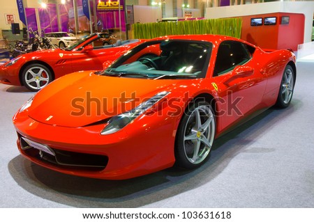 BANGKOK - MAY 20: Ferrari 458 sports car on display at the Super Car Import Car Show at Impact Muang Thong Thani on May 20, 2012 in Bangkok, Thailand