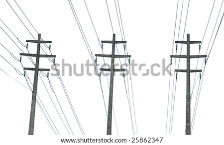 parallel power transmission lines isolated on white sky background