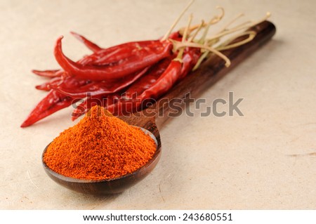 red dry chillies with red chilly powder in the wooden spoon