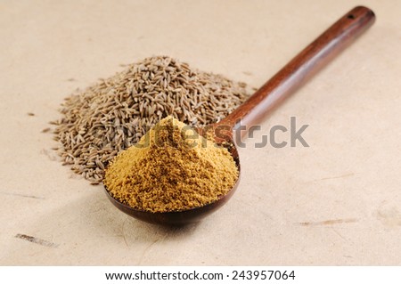 coriander seeds and coriander powder in wooden spoon