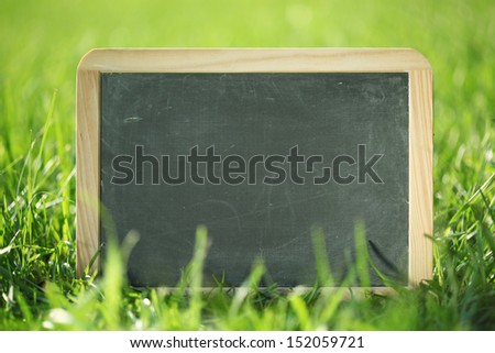 Blank chalkboard outside in green grass