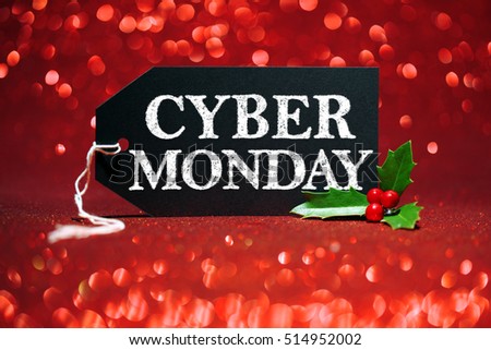 Cyber Monday sale tag on red glitter background