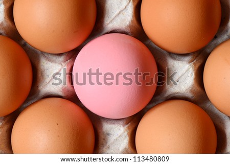 Chicken eggs and colored eggs on tray in supermarket.