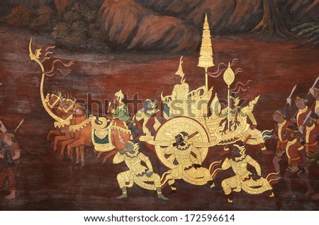 BANGKOK ,THAILAND - JAN 19 : Ancient Thai mural painting with tempera colors and gilding painting of Ramayana story in  Wat Phra Sri Rattana Satsadaram on January 19, 2013 in Bangkok, Thailand.